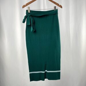 Roolee Ribbed Tie Waist Front Slit Midi Skirt in Green Size Medium